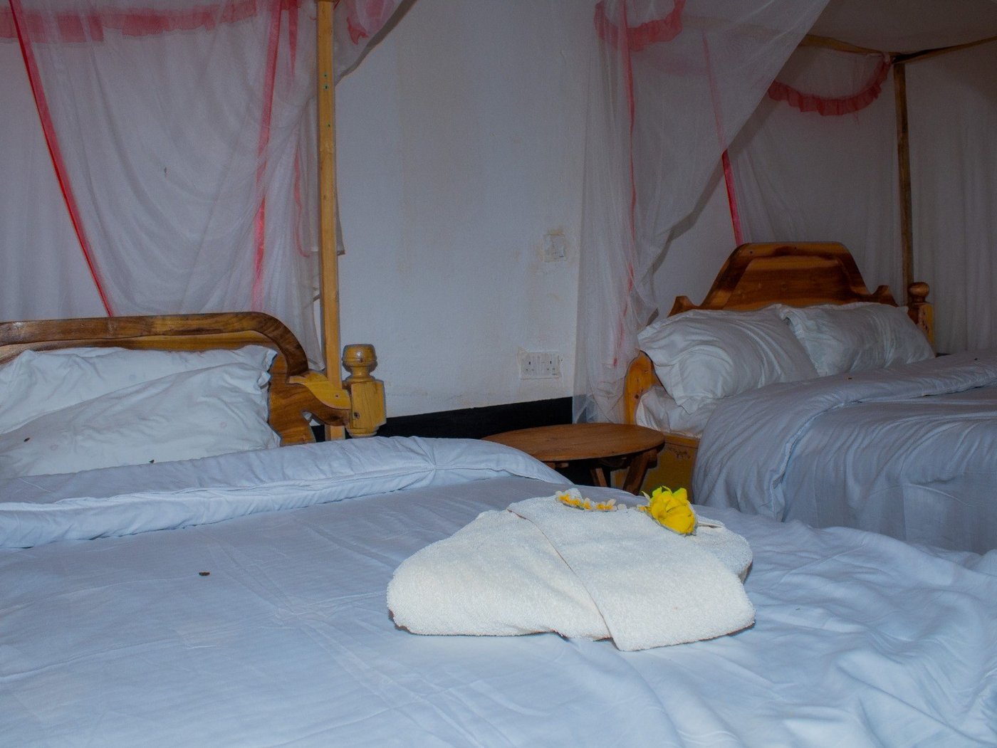 Twin beds with white linen and a folded towel decoration in a tent at Nyati Safari Camp.
