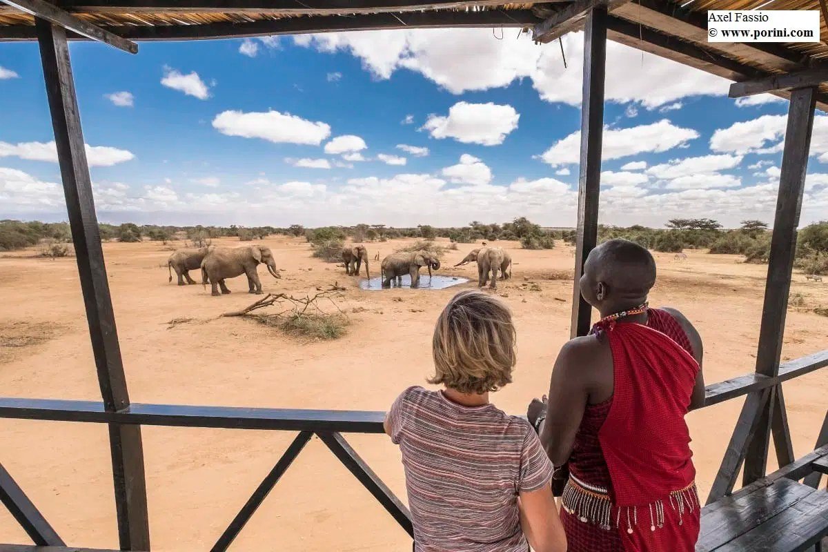 Guests viewing elephants at a waterhole from the camp's platform at Porini Amboseli Camp.