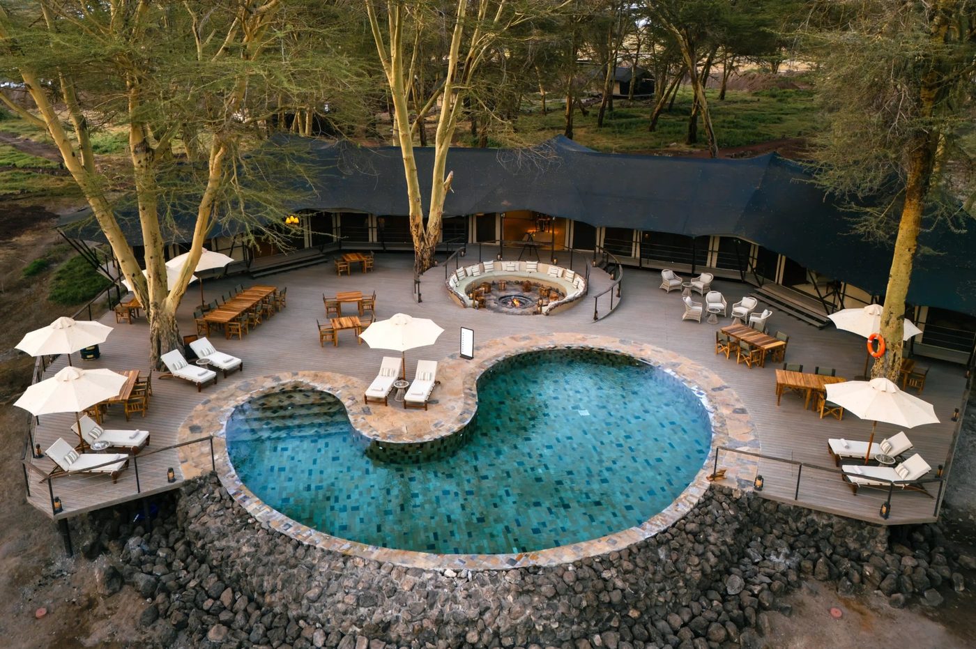 Aerial view of the kidney-shaped pool surrounded by loungers at Soroi Amboseli.