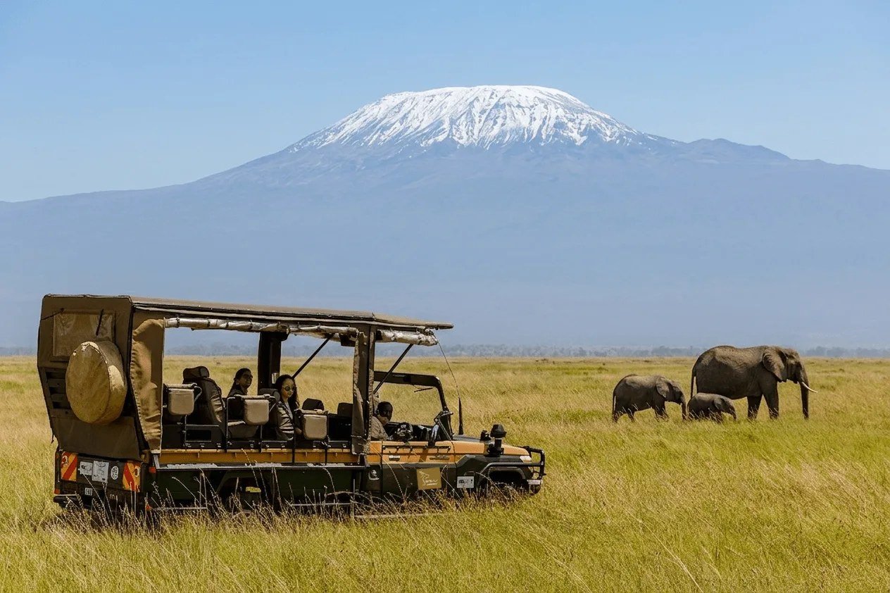 Safari vehicle watching elephants graze beneath Kilimanjaro near Soroi Amboseli.